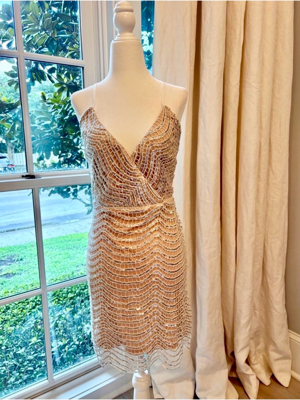 Beaded Nude-White Spaghetti Strap Midi Dress